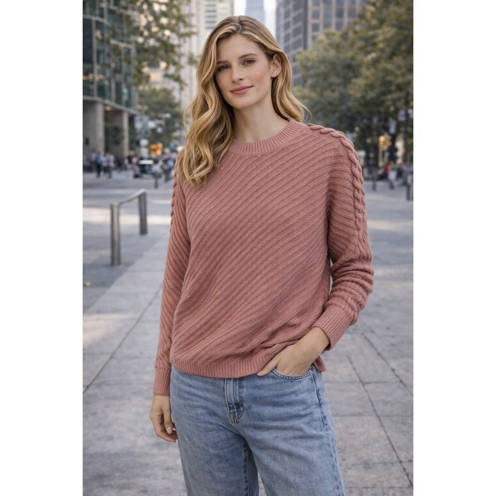 Simply Vera Vera Wang Pink Diagonal Ribbed Braided Sleeve Knit‎ Sweater Womens M